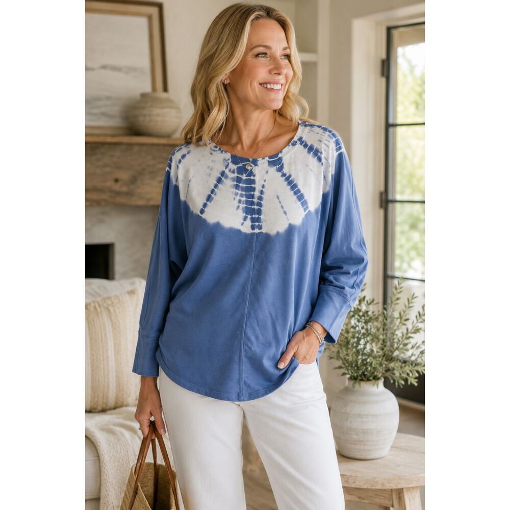 J Jill Pure Jill Tie Dye Sweatshirt Blue Organic Cotton Womens XS Relaxed Top